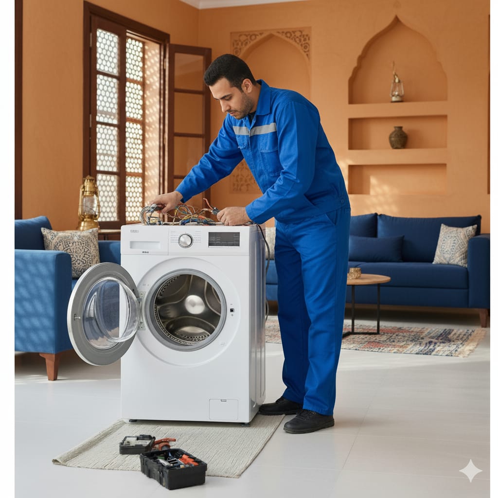 فني يقوم بصيانة غسالة ملابس